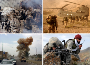 Collage aus Bildern des Krieges gegen den Terror. By Derivative work: PoxnarAll four pictures in the montage are taken by the US Army/Navy. [Public domain], via Wikimedia Commons