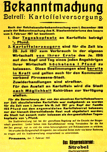 Bekanntmachung der Kartoffelrationierung, Pirmasens 1917, By Stadt Pirmasens ([1]) [Public domain], via Wikimedia Commons