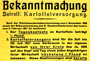 Bekanntmachung der Kartoffelrationierung, Pirmasens 1917, By Stadt Pirmasens ([1]) [Public domain], via Wikimedia Commons