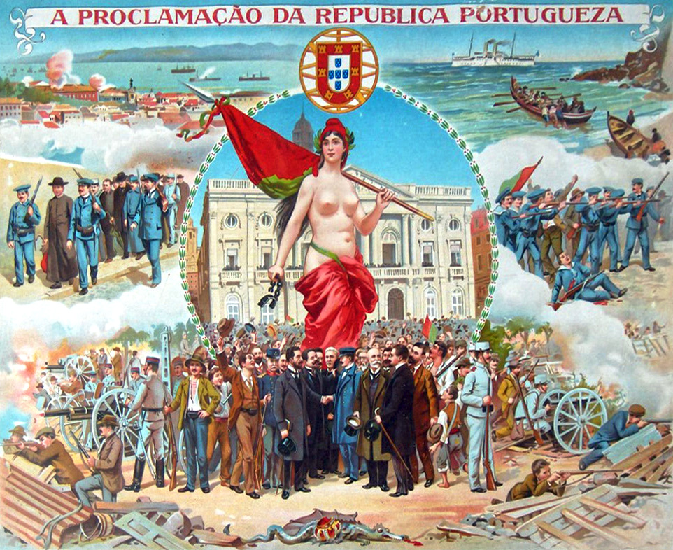 Proklamation der Portugiesischen Republik, Plakat von 1910, Nach dem Sturz von König Manuel II. wird in Portugal die Erste Republik proklamiert. By Cândido da Silva (uncertain) (Own work (own photo)) [Public domain], via Wikimedia Commons
