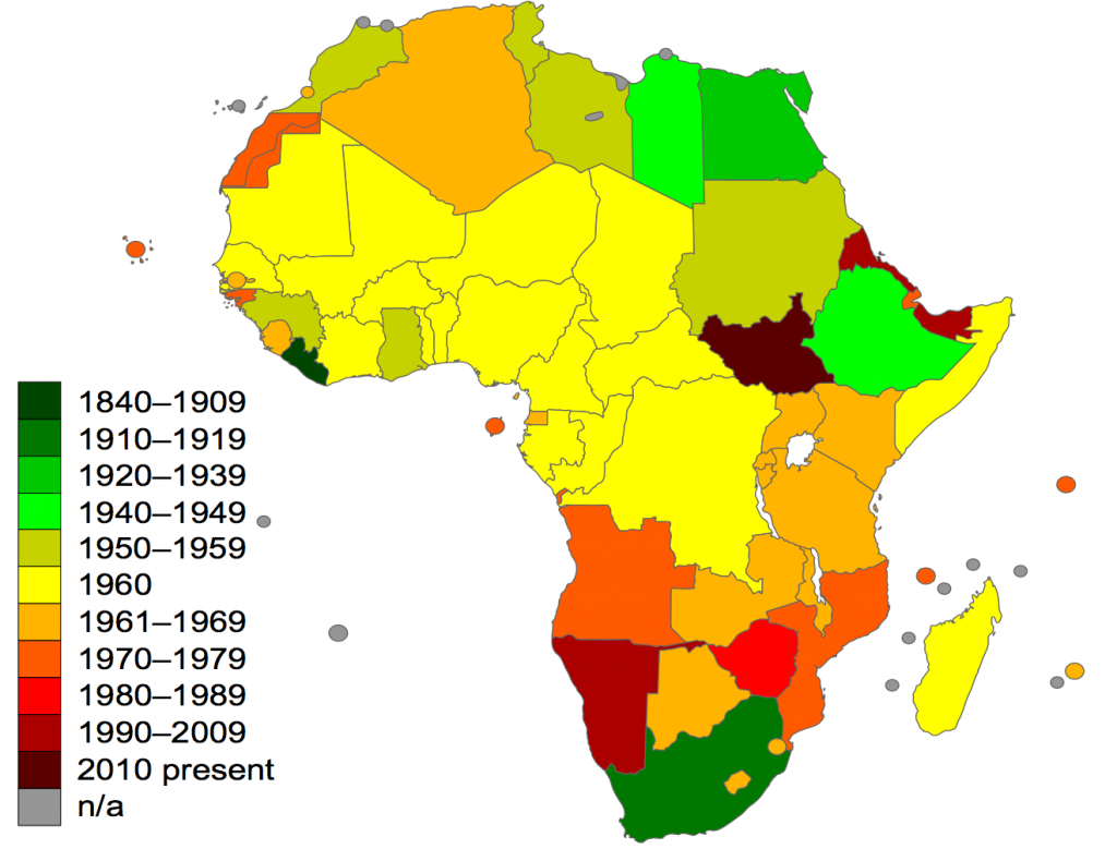 Afrikanische Staaten nach Jahr der Unabhängigkeit. By Mehmetaergun; recreated by Nobelium (talk) 2010-05-10 (Own work) [GFDL or CC-BY-SA-3.0], from Wikimedia Commons