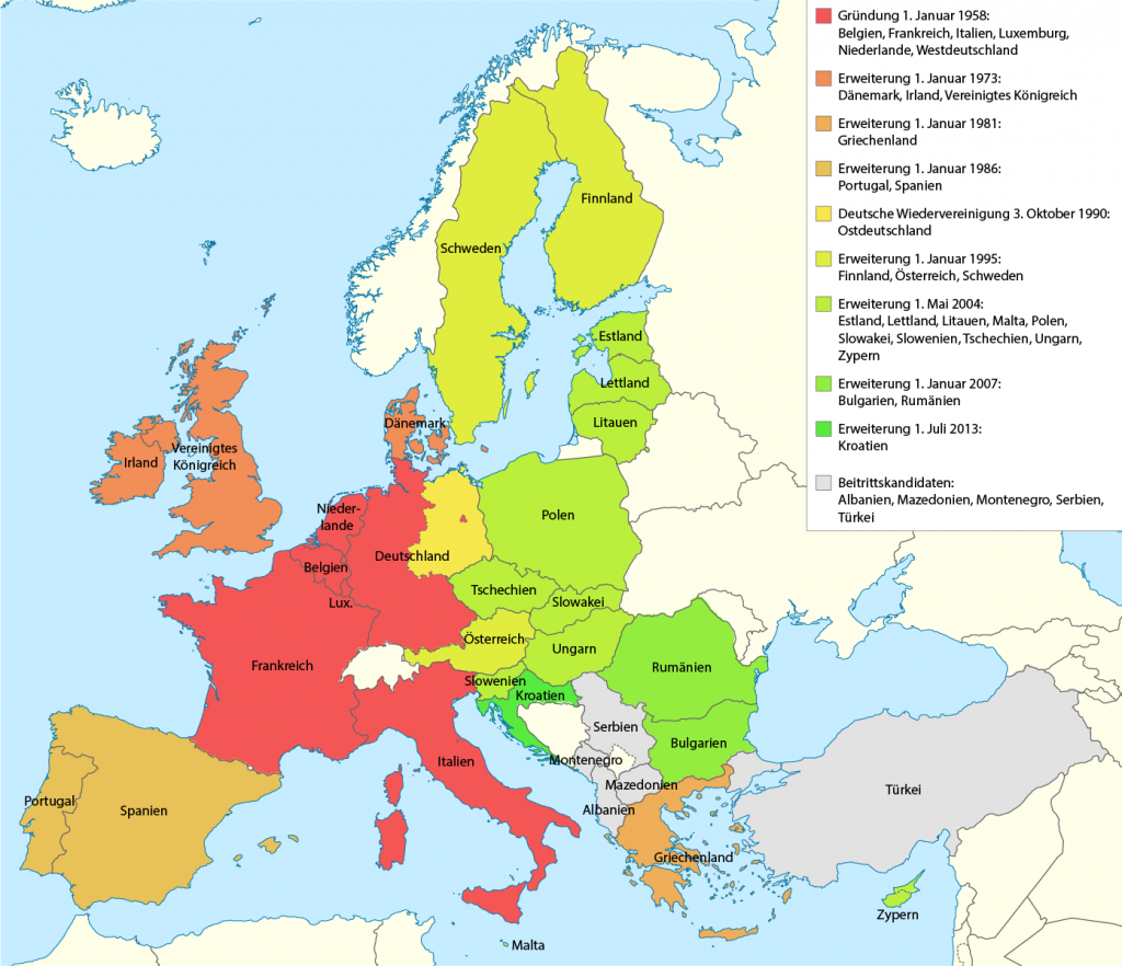 Europäische Union:Erweiterungsrunden 1973 bis 2013. By Maximilian Dörrbecker (Chumwa) (Own work, using this base map by Alexrk2) [CC BY-SA 2.0], via Wikimedia Commons