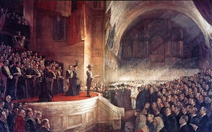 Das Commonwealth of Australia wird gegründet. Eröffnung des ersten Parlaments 1901. Tom Roberts [Public domain], via Wikimedia Commons