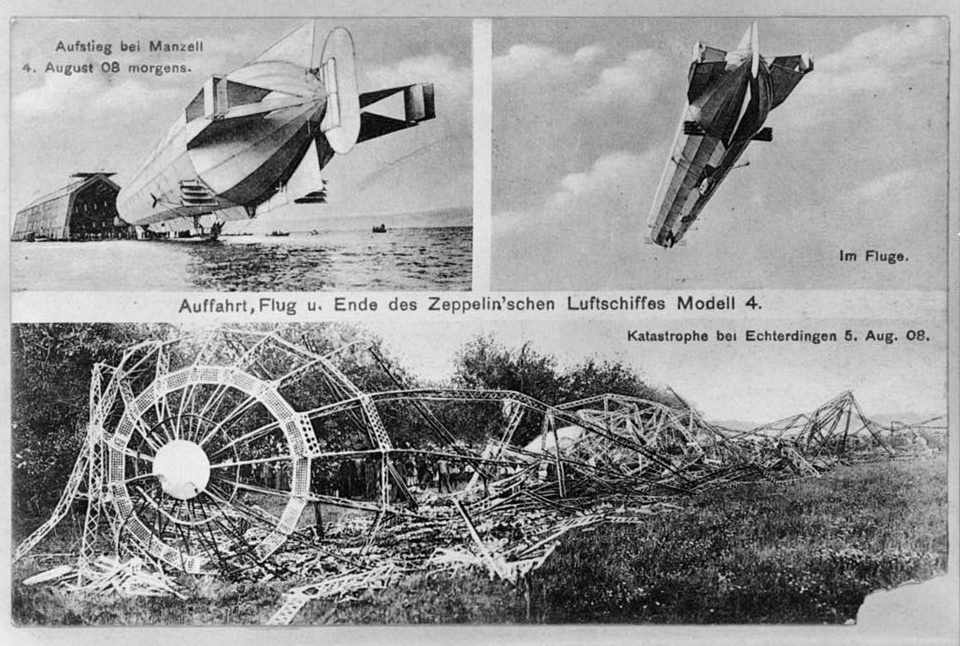 LZ 4 beim Start, im Flug und nach dem Absturz in Echterdingen, 1908. © Gemeinfrei