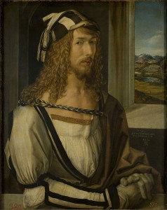 Selbstbildnis mit Landschaft (Madrider Selbstbildnis), Öl auf Holz (1498), Museo Nacional del Prado, Madrid, Albrecht Dürer [Public domain], via Wikimedia Commons
